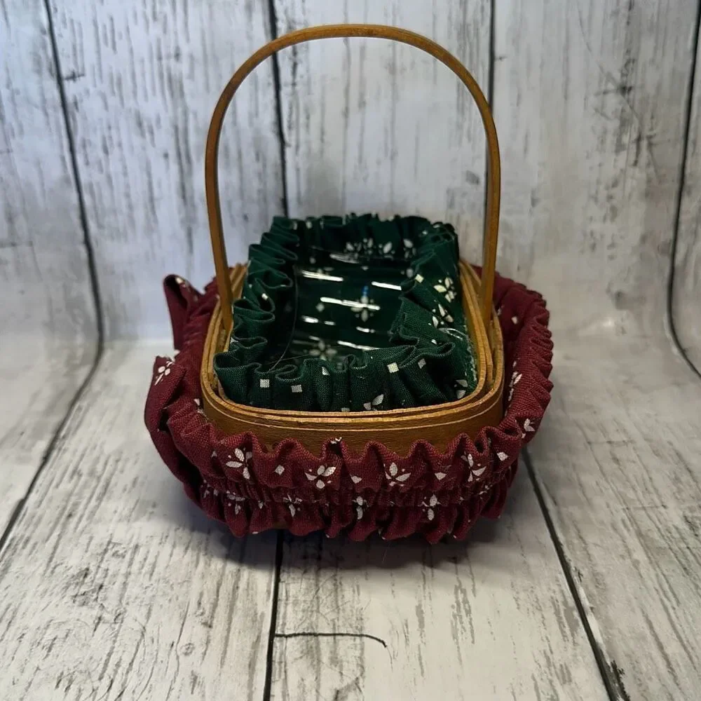 1999 Longaberger Handwoven‎ Single Handle 6”Basket Green Liner Protector Garter